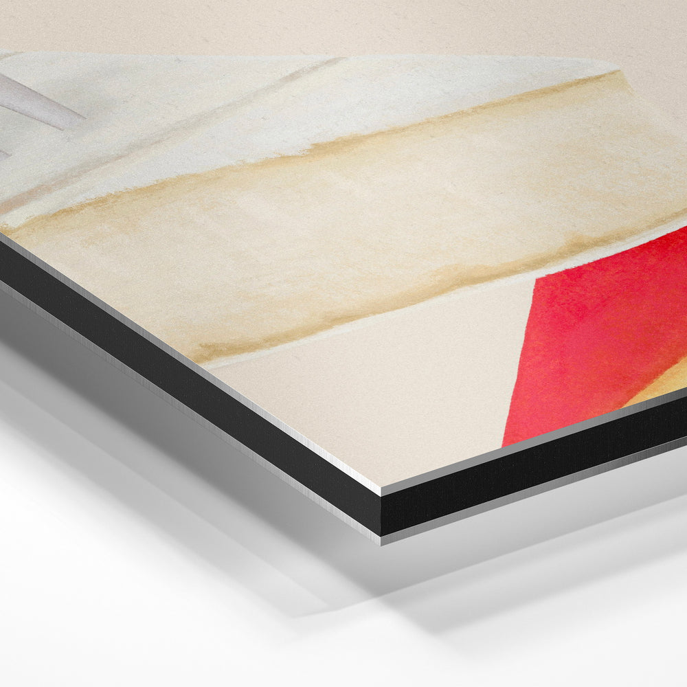 Gros plan de la matière : le tirage contrecollé sur aluminium Dibond mat, tranche visible.