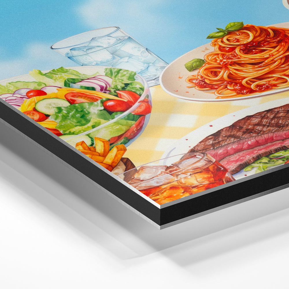 Gros plan de la matière : le tirage contrecollé sur aluminium Dibond mat, tranche visible.