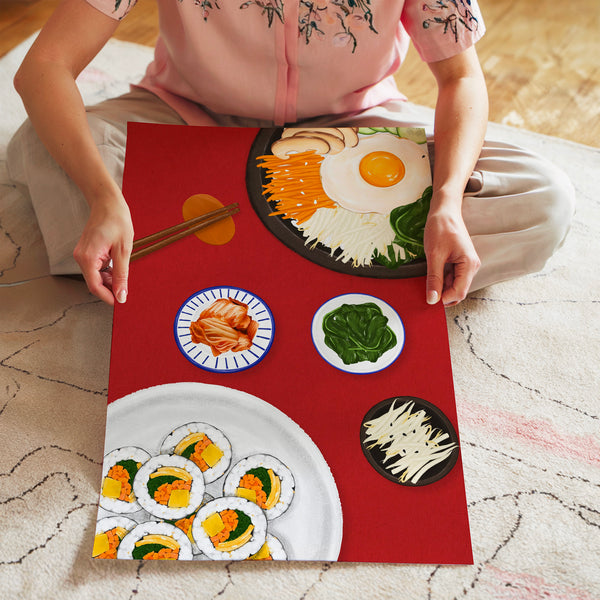 Bol de nouilles et sushi, design minimaliste rouge et blanc — Poster HP mat