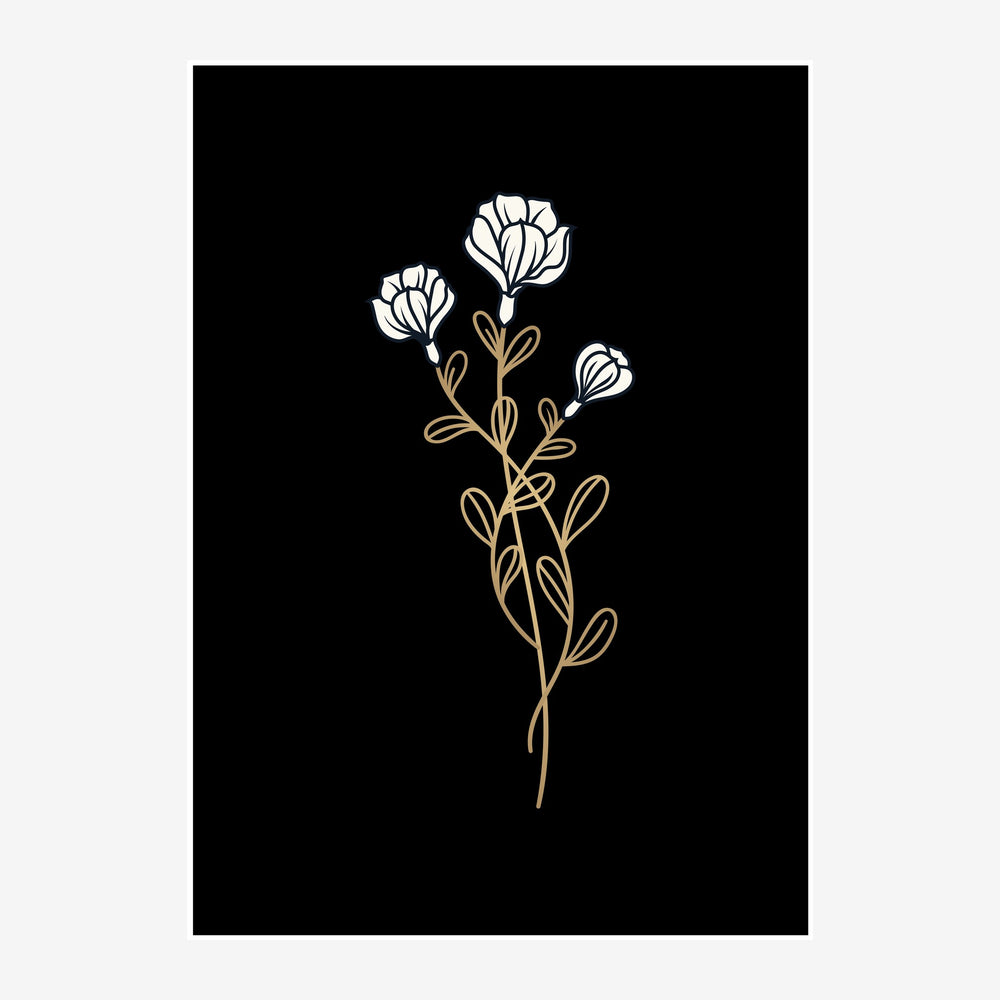 Trois fleurs blanches minimalistes avec tige et feuillage beige clair sur fond noir.