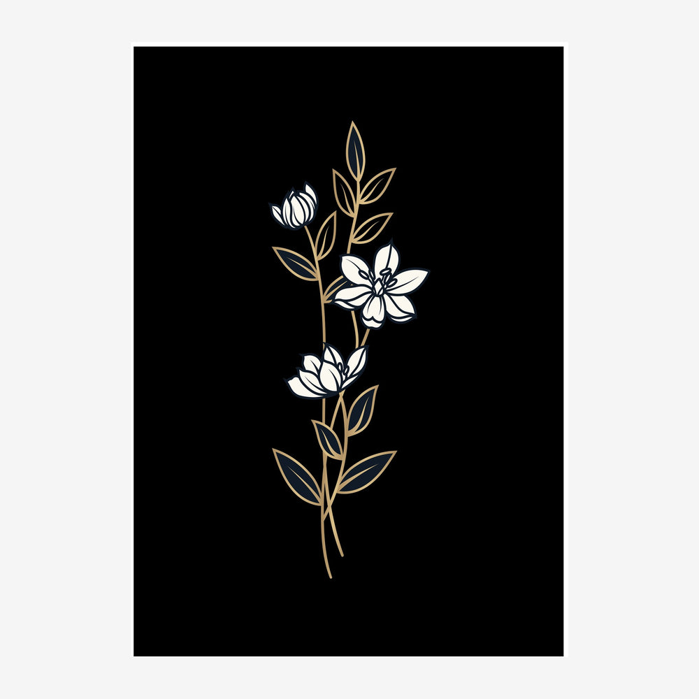 Une branche avec fleurs et feuilles dessinées en traits fins blancs et dorés sur un fond noir.