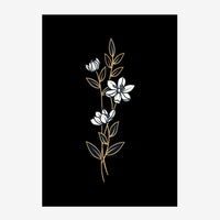 Une branche avec fleurs et feuilles dessinées en traits fins blancs et dorés sur un fond noir.