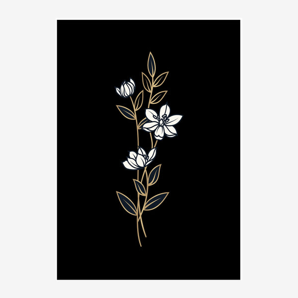 Une branche avec fleurs et feuilles dessinées en traits fins blancs et dorés sur un fond noir.