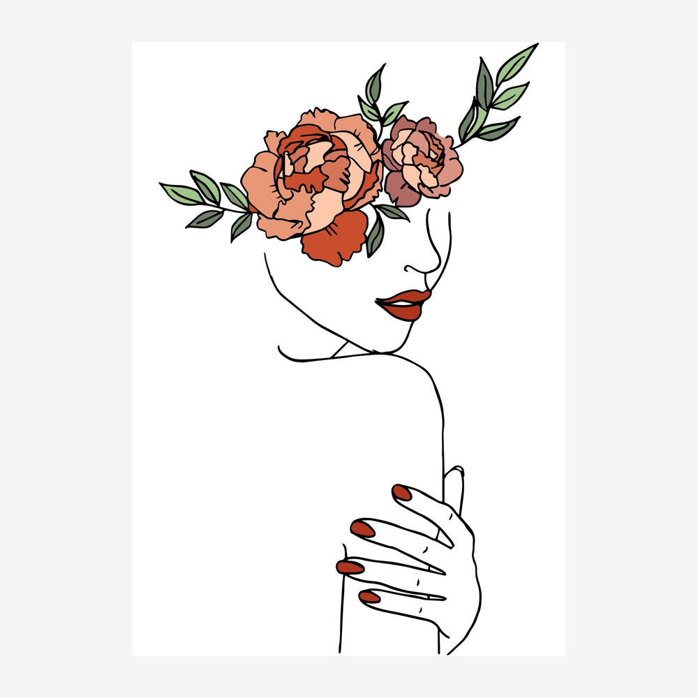 Portrait en line art d'une femme vue de profil avec un trait noir, portant des pivoines corail dans les cheveux et une main.