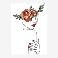 Portrait en line art d'une femme vue de profil avec un trait noir, portant des pivoines corail dans les cheveux et une main.