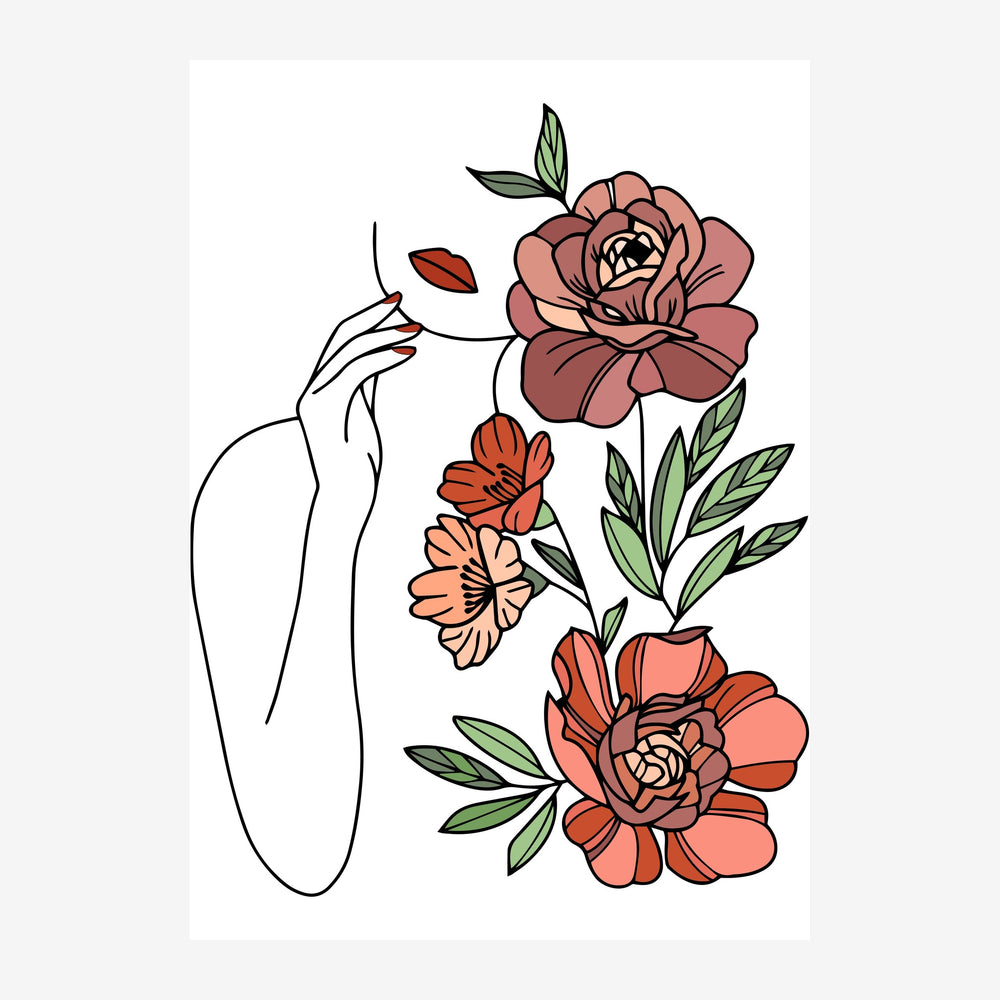 Affiche minimaliste montrant un contour de main fin entouré de fleurs roses et orange aux feuilles vertes sur fond blanc.