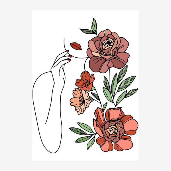 Affiche minimaliste montrant un contour de main fin entouré de fleurs roses et orange aux feuilles vertes sur fond blanc.