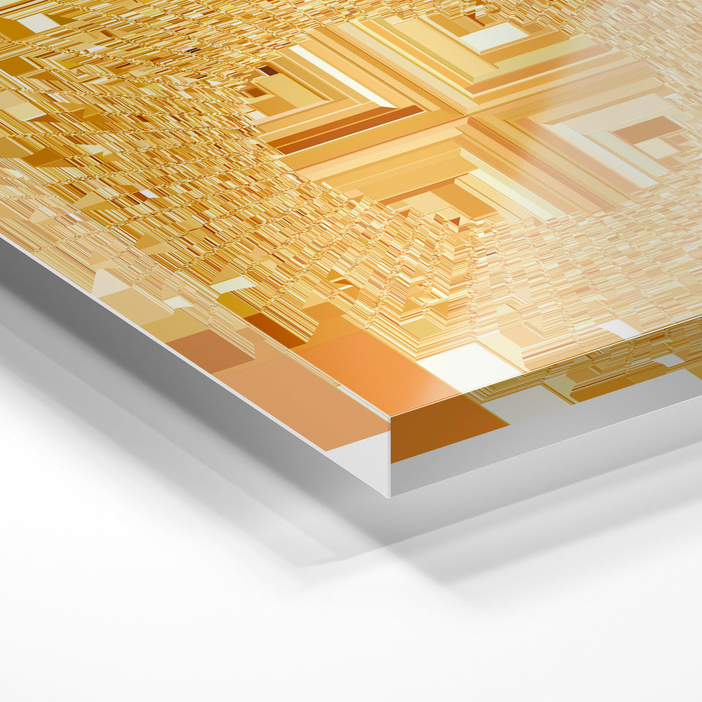 Gros plan de la matière : le tirage sous verre acrylique, tranche transparente visible.