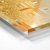 Gros plan de la matière : le tirage sous verre acrylique, tranche transparente visible.