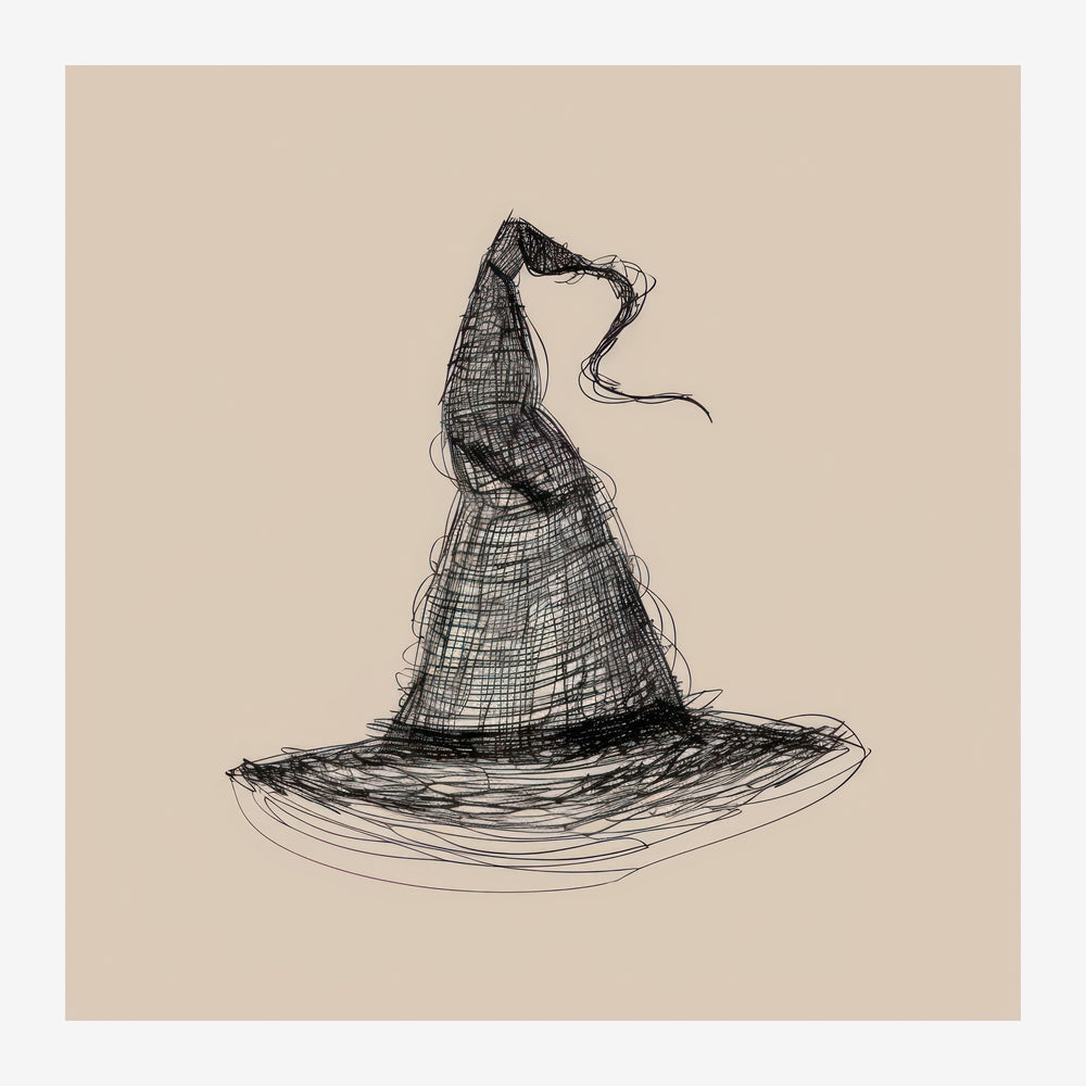 Dessin au trait représentant un chapeau pointu de sorcière, sur fond beige clair.