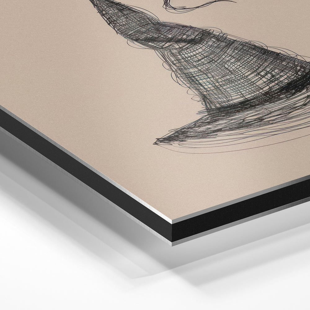 Gros plan de la matière : le tirage contrecollé sur aluminium Dibond mat, tranche visible.