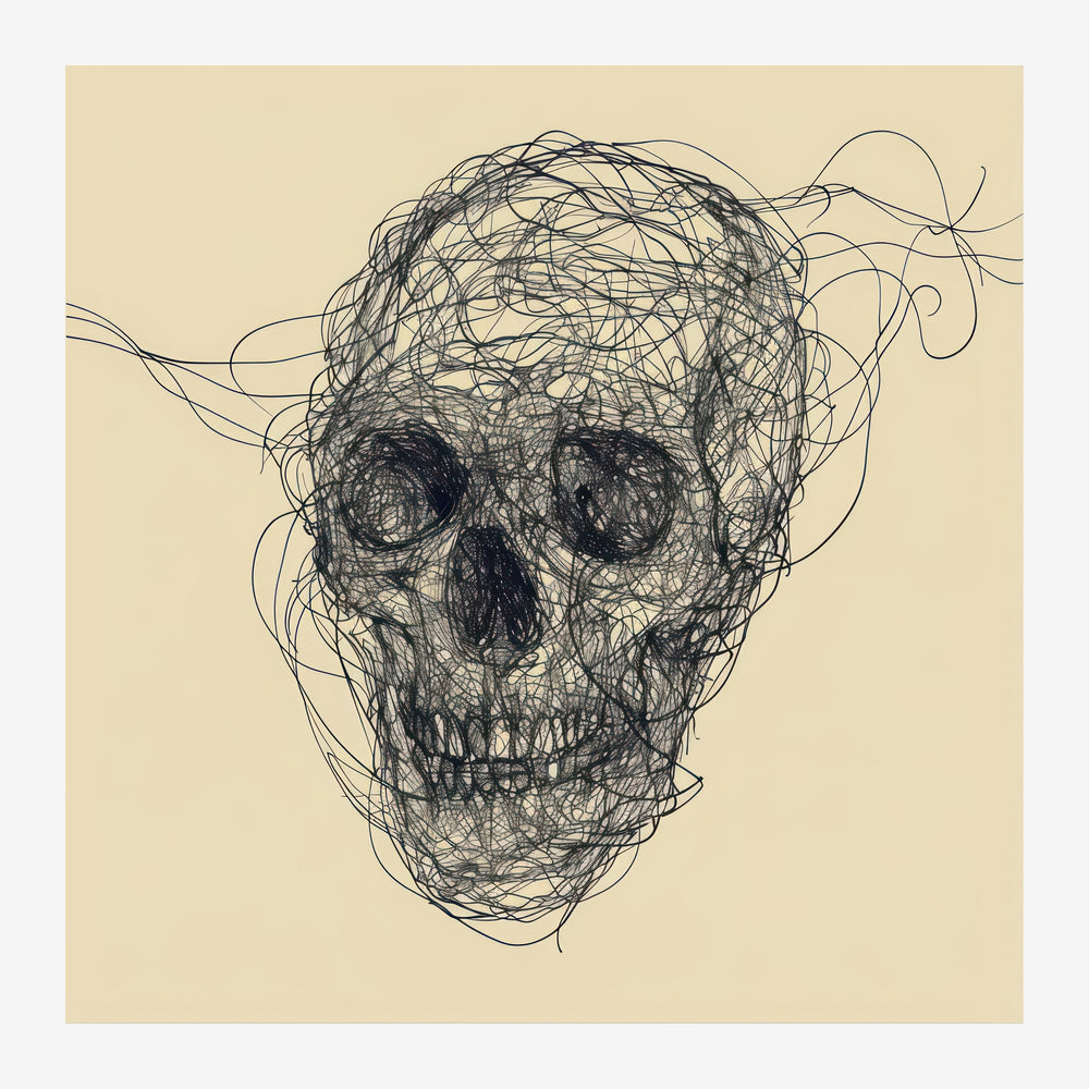 Dessin d'un crâne esquissé en traits entrecroisés noirs sur fond beige clair, style ligne continue minimaliste.