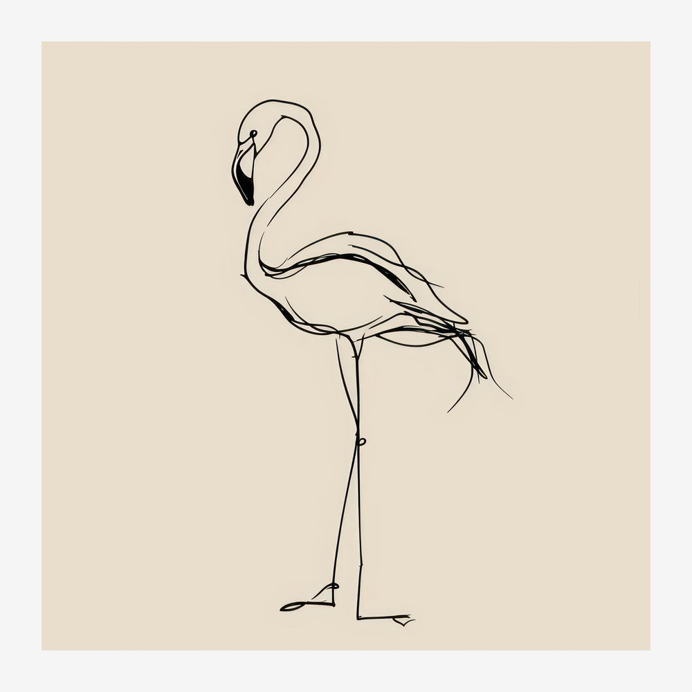 Dessin au trait d'un flamant rose stylisé, dressé sur une patte, avec de longs traits fluides formant le corps et le cou.