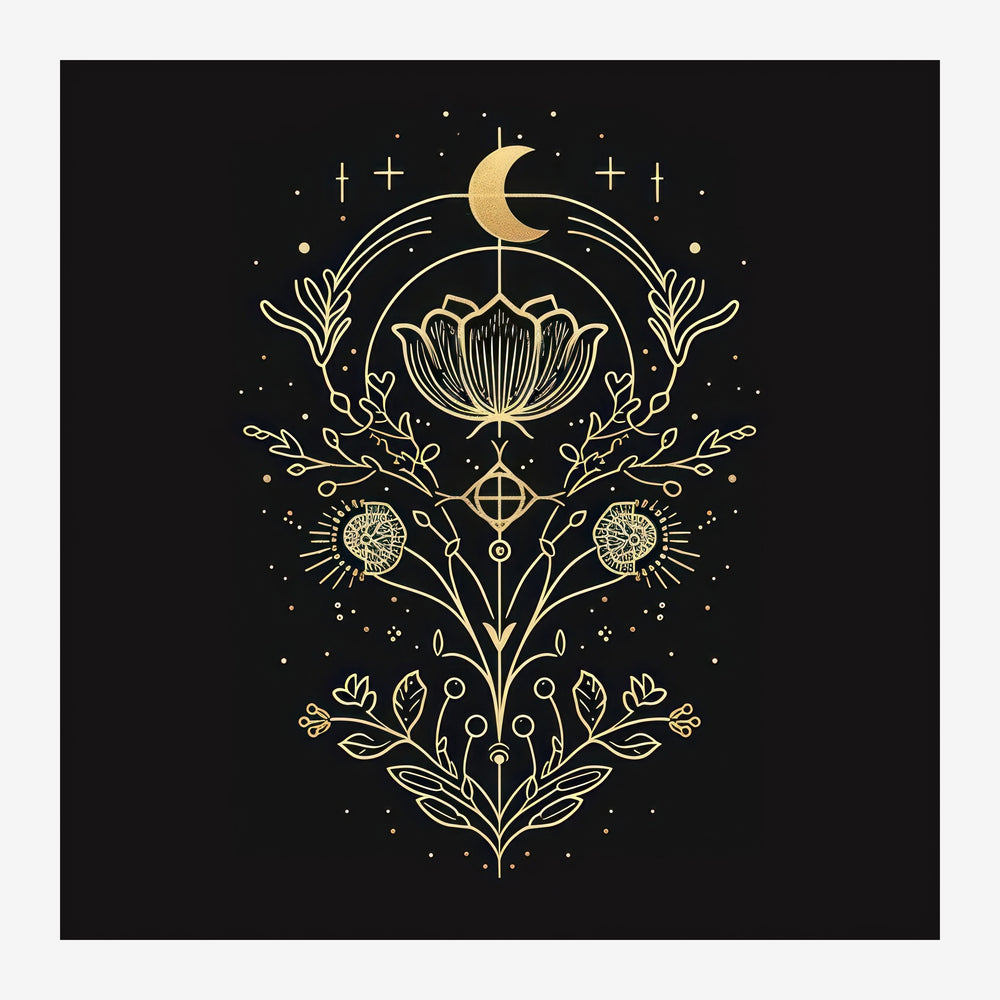 Illustration symétrique en trait doré fin montrant une lune, un lotus central, des soleils et des motifs botaniques sur fond.
