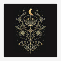 Illustration symétrique en trait doré fin montrant une lune, un lotus central, des soleils et des motifs botaniques sur fond.