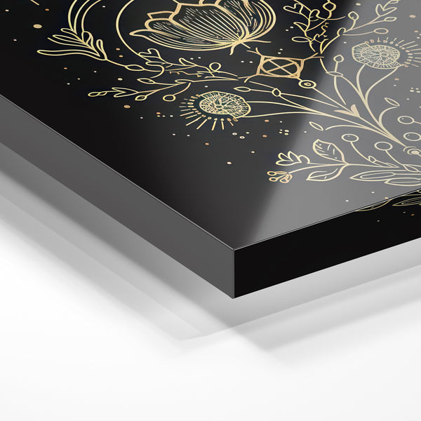 Fleur de lune et botanique or line art, noir — Verre acrylique