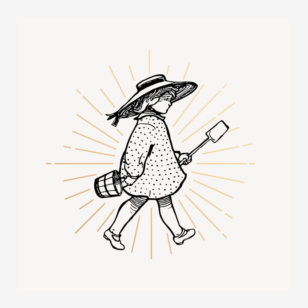 Illustration en trait noir d'une femme en robe à pois tenant une pelle, coiffée d'un chapeau, entourée de rayons dorés sur.