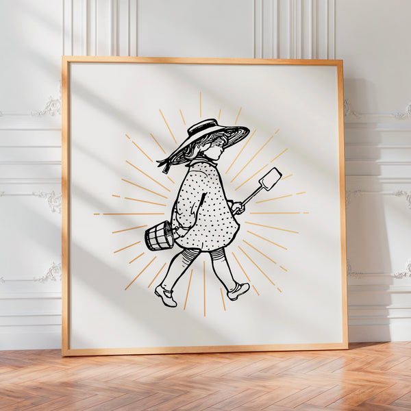 Femme à la pelle et au chapeau, line art beige — Poster HP mat