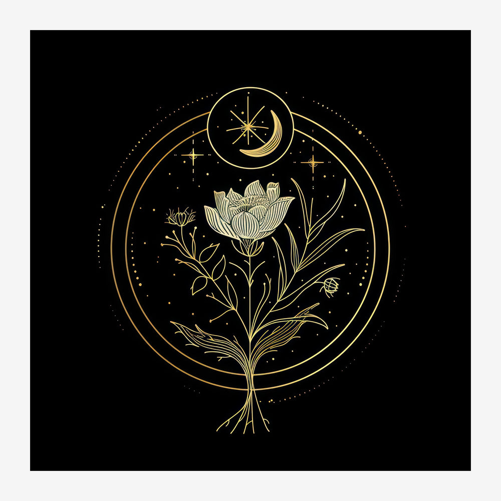 Illustration de style line art : une fleur avec tige et feuilles, une lune croissante en haut, le tout dans un double.