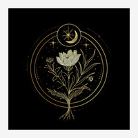 Illustration de style line art : une fleur avec tige et feuilles, une lune croissante en haut, le tout dans un double.