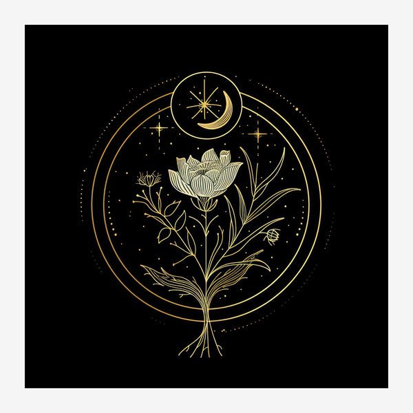 Fleur Mystique et Lune, Line Art Minimaliste Doré — Toile sur châssis