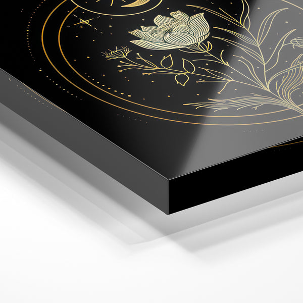Fleur Mystique et Lune, Line Art Minimaliste Doré — Verre acrylique