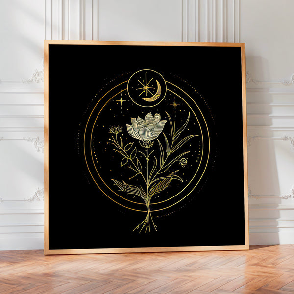 Fleur Mystique et Lune, Line Art Minimaliste Doré — Poster HP mat
