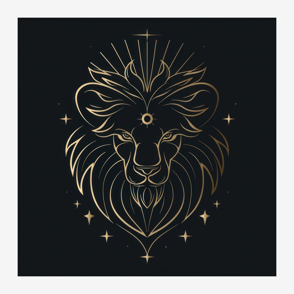 Tête de lion stylisée en ligne or sur fond noir, entourée de rayons et d'étoiles.