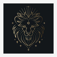 Tête de lion stylisée en ligne or sur fond noir, entourée de rayons et d'étoiles.