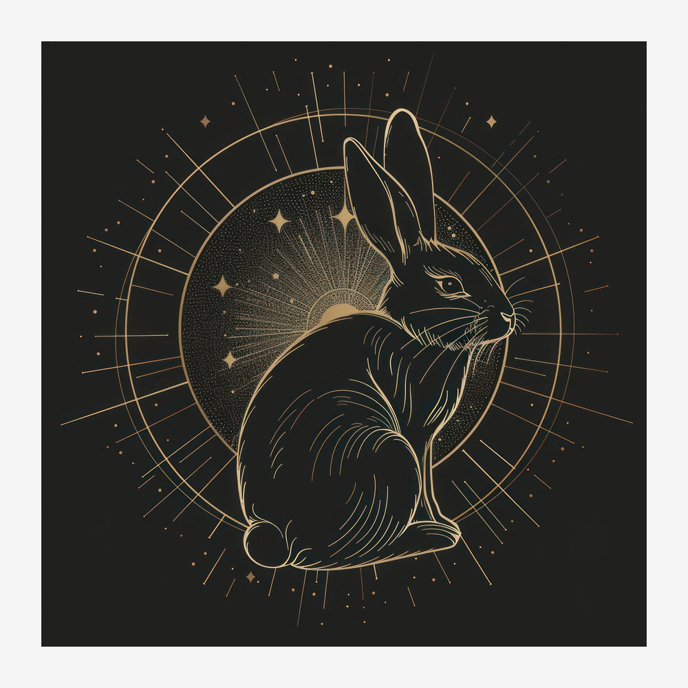 Lièvre stylisé en line art noir et or, au profil de trois-quarts, entouré d'une mandala de rayons géométriques et d'étoiles.