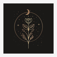 Une fleur stylisée aux traits dorés avec feuilles et pétales, inscrite dans un cercle, sous un croissant de lune, sur fond.