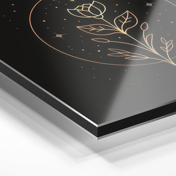 Fleur line art et lune dorée, noir et blanc — Aluminium Dibond relief 3D
