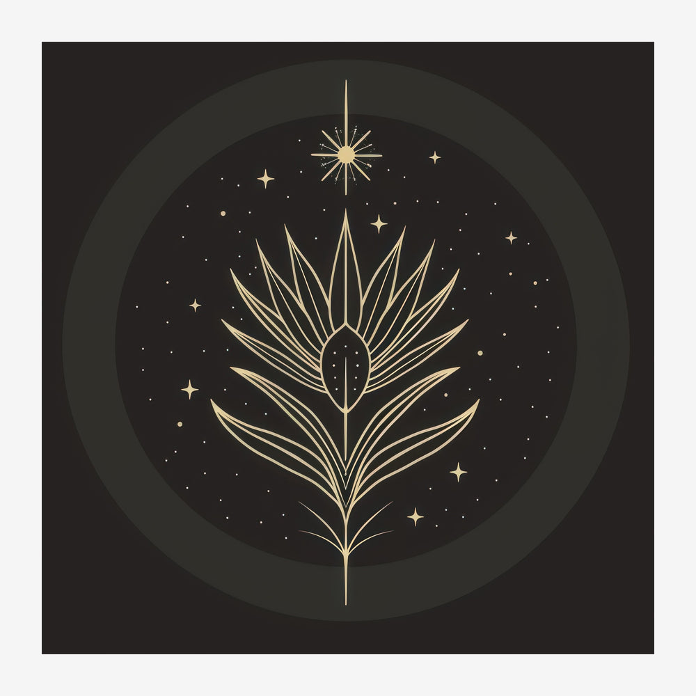 Illustration d'une fleur aux pétales rayonnants en traits dorés, encerclée d'un halo sur fond noir parsemé d'étoiles.
