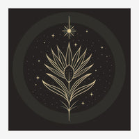 Illustration d'une fleur aux pétales rayonnants en traits dorés, encerclée d'un halo sur fond noir parsemé d'étoiles.