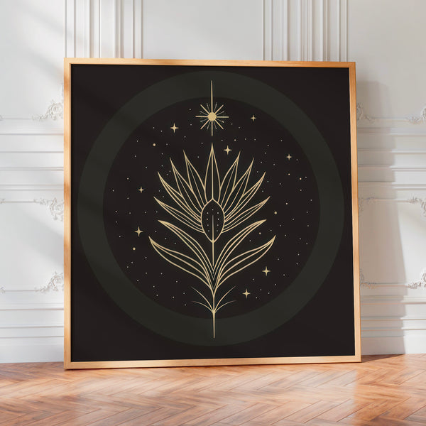 Fleur géométrique line art, noir et doré — Poster HP mat
