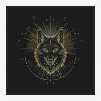 Tête de loup stylisée en traits fins dorés sur fond noir, entourée d'un halo de rayons et d'étoiles.