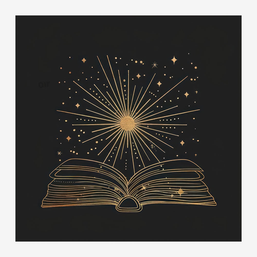 Un livre ouvert en traits fins dorés avec un soleil rayonnant émergeant de ses pages, étoiles et motifs géométriques autour.