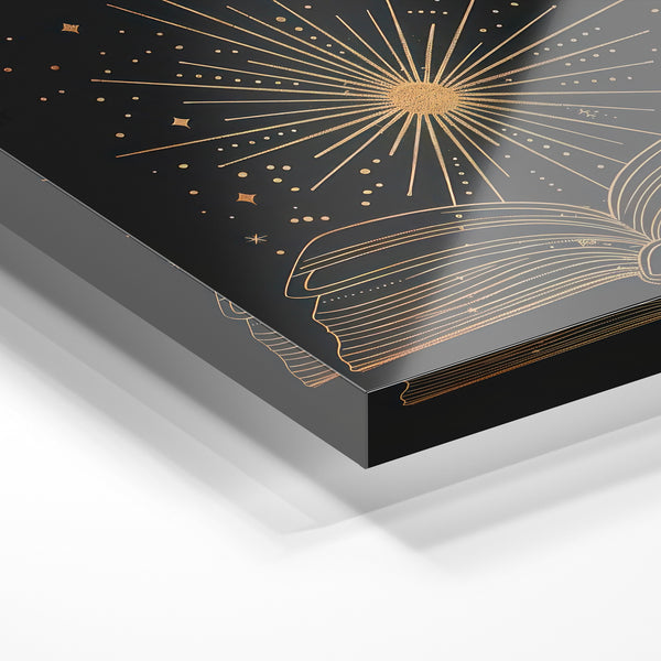 Livre ouvert et soleil radieux, line art noir et or — Verre acrylique