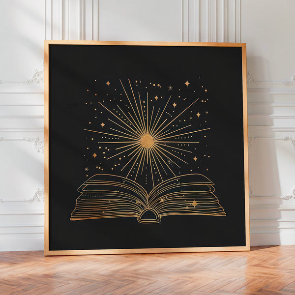 Livre ouvert et soleil radieux, line art noir et or — Poster HP mat