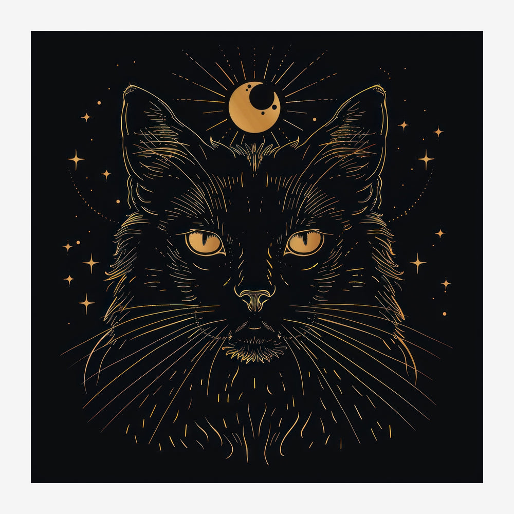 Portrait d'un chat de face aux grands yeux jaunes dorés, entouré d'un croissant de lune et d'étoiles, dessiné en filigrane.