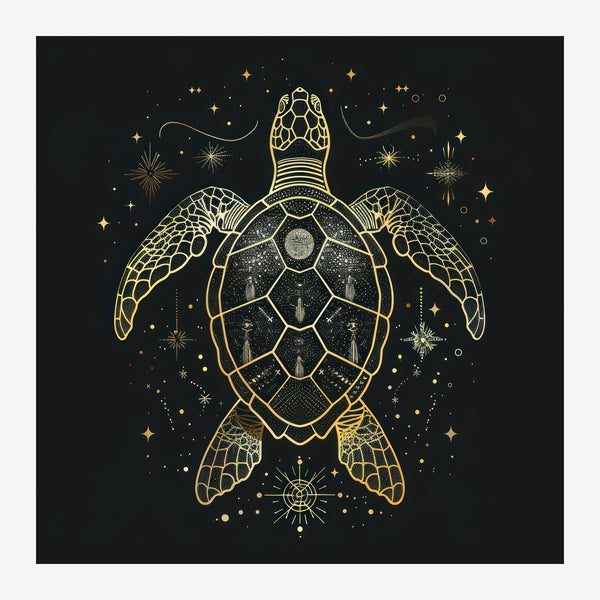 Tortue marine mystique, line art noir et or — Toile sur châssis