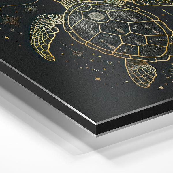 Tortue marine mystique, line art noir et or — Aluminium Dibond
