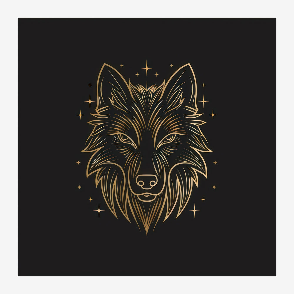 Illustration minimaliste d'une tête de loup aux traits fins, en or et noir, entourée de petites étoiles.