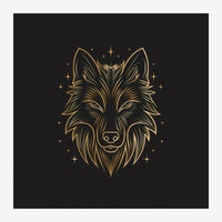 Illustration minimaliste d'une tête de loup aux traits fins, en or et noir, entourée de petites étoiles.