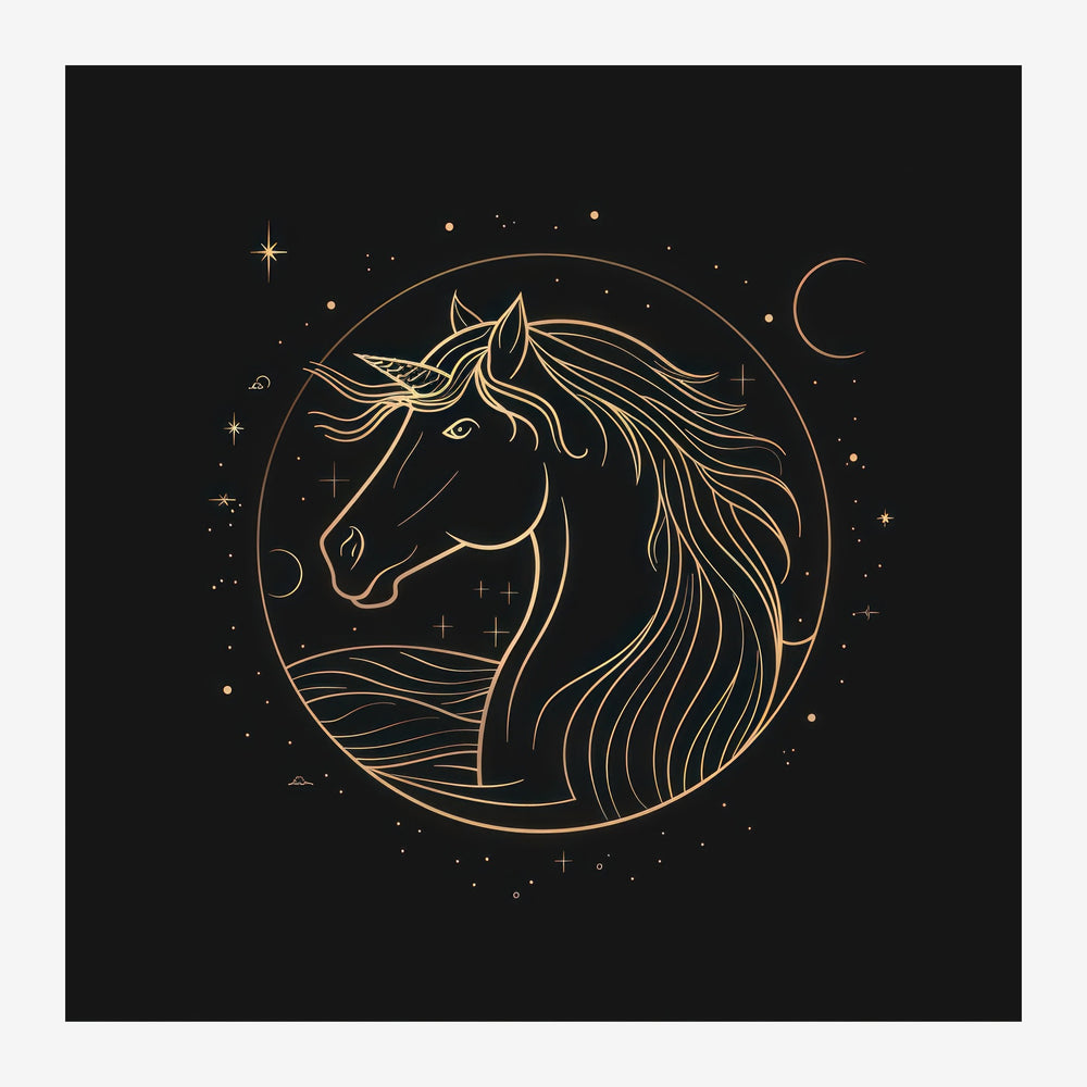 Illustration minimaliste d'une licorne de profil en trait doré fin sur fond noir, entourée d'étoiles et d'un croissant de.