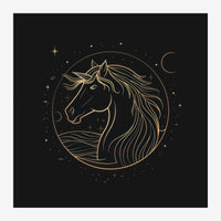 Illustration minimaliste d'une licorne de profil en trait doré fin sur fond noir, entourée d'étoiles et d'un croissant de.