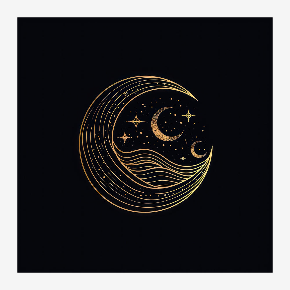 Composition circulaire en ligne fine or et jaune sur fond noir, représentant des croissants de lune, des étoiles à quatre.