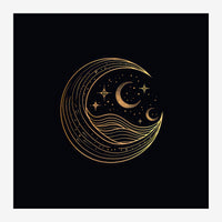 Composition circulaire en ligne fine or et jaune sur fond noir, représentant des croissants de lune, des étoiles à quatre.