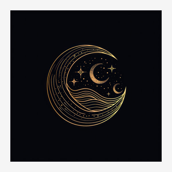 Lune et étoiles, line art minimaliste noir et or — Toile sur châssis