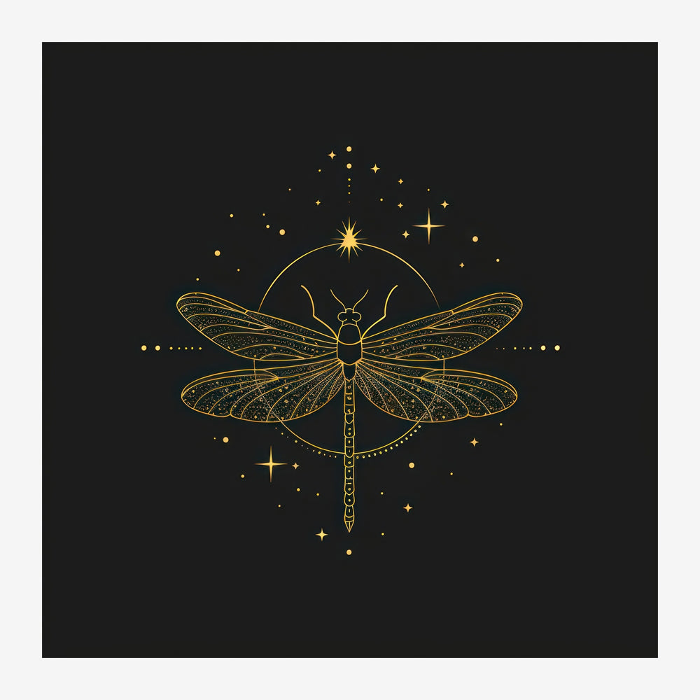 Libellule avec ailes détaillées en traits dorés sur fond noir, entourée d'une auréole lumineuse et d'étoiles scintillantes.